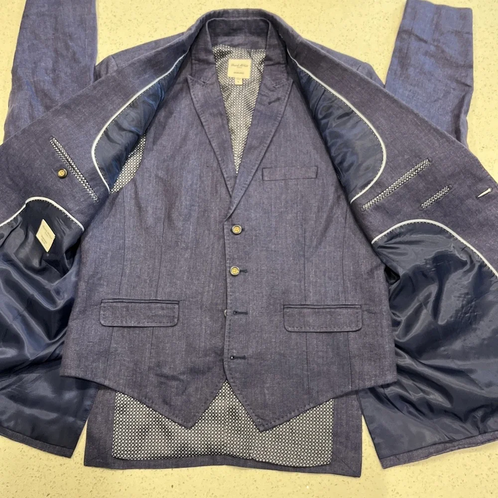 Baird McNutt 100% Linen Blazer Mens Large Slim Fit Blue Sport Coat and Vest